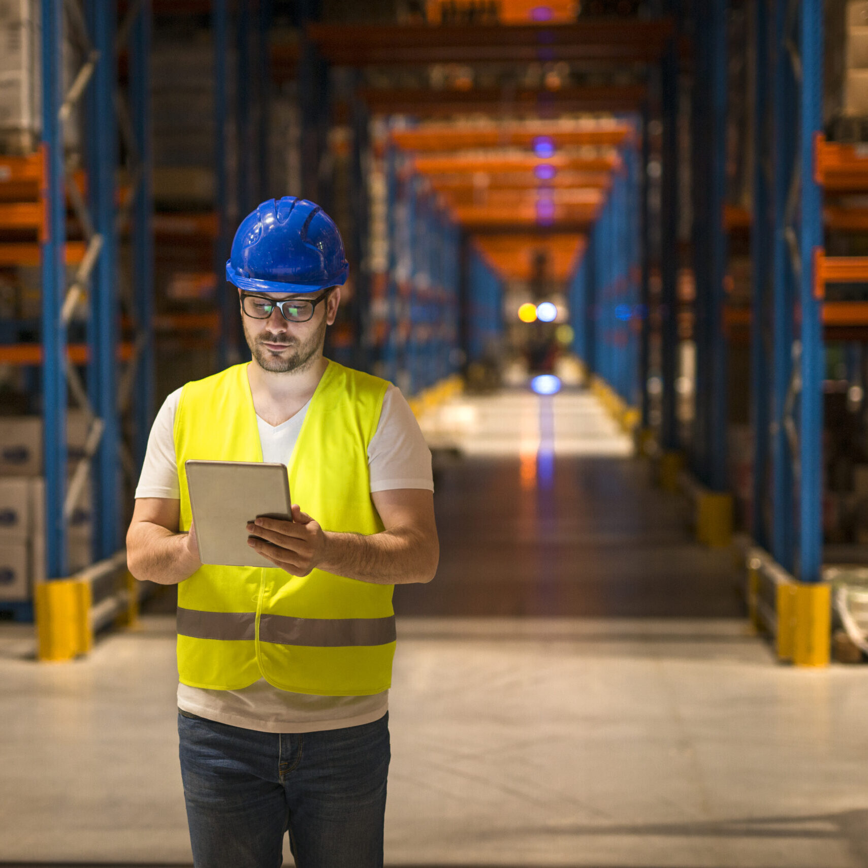 Man walking through large warehouse storage storehouse center and using tablet to control distribution.